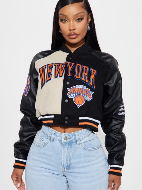 Women's Cropped Jump Shot Varsity Bomber Jacket - Black/Cream